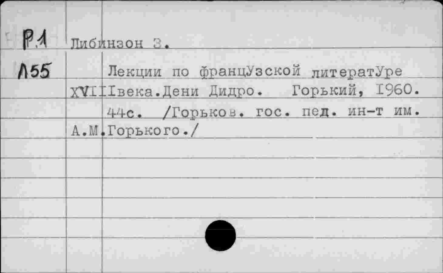 ﻿г Р.4	Пиб1	кнзон 3.
Л 55	ДО	Лекции по французской литературе. ‘Гвека.Дени Дидро. Горький, 1960»
	А.М	44с. /Горьков, гос, пед. ин-т им.	 .Горького./
	—	—
————	—	